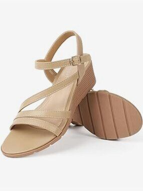 Goldnut Women's Beige Strappy Wedge Heel Sandals IOB